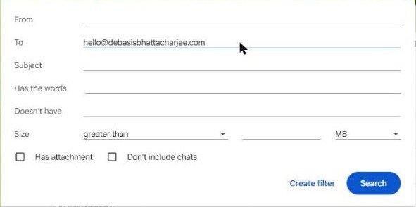 Gmail create filter dialog with the To field set to the hello address