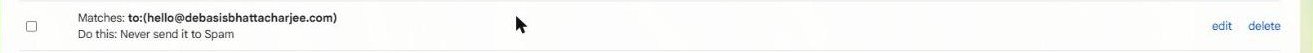 Gmail filter list showing the new filter