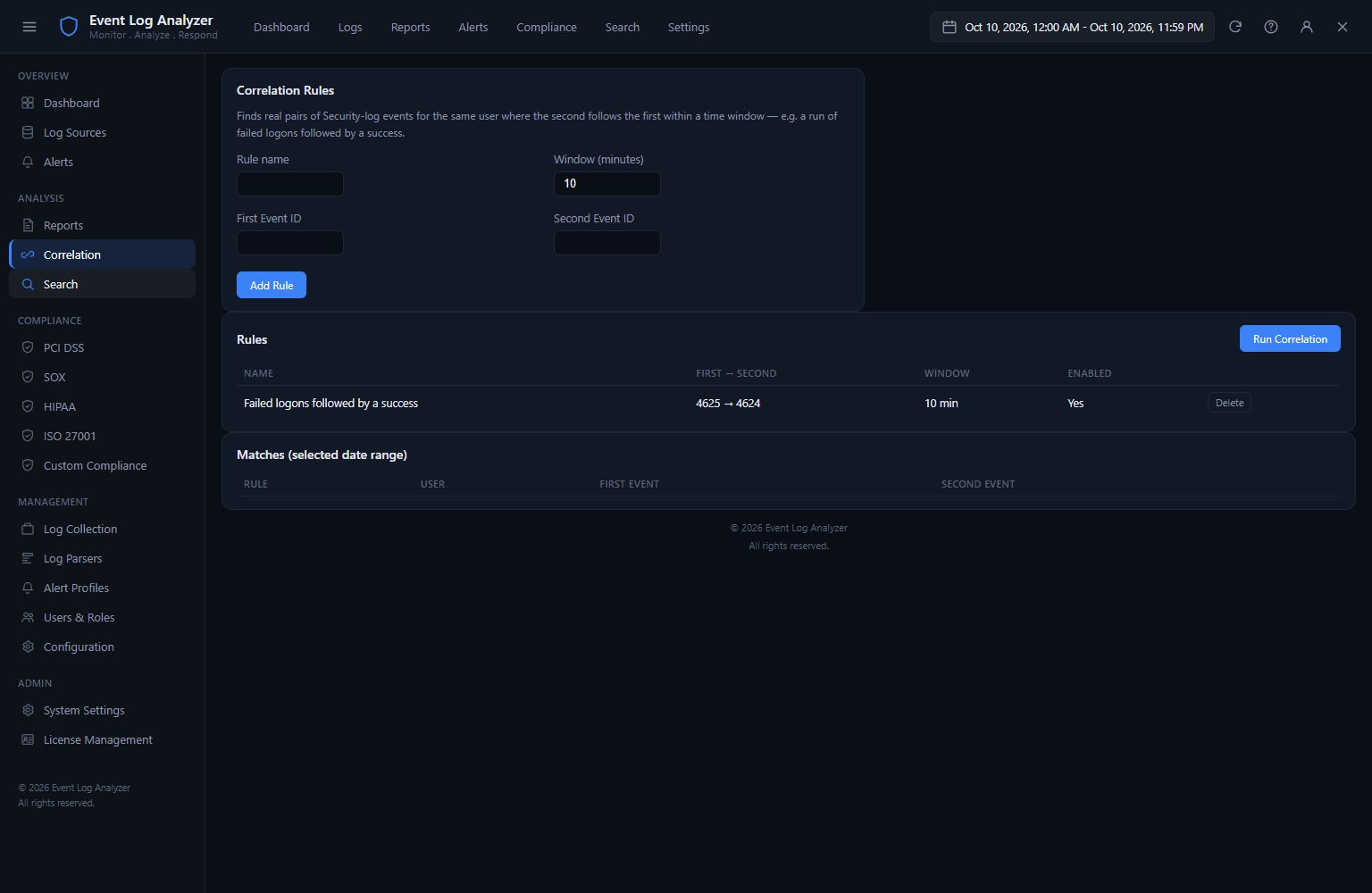 Event Log Analyzer Log Browser with the advanced filter panel expanded showing multi-criteria filtering across event ID, level, source, user, computer name and time range