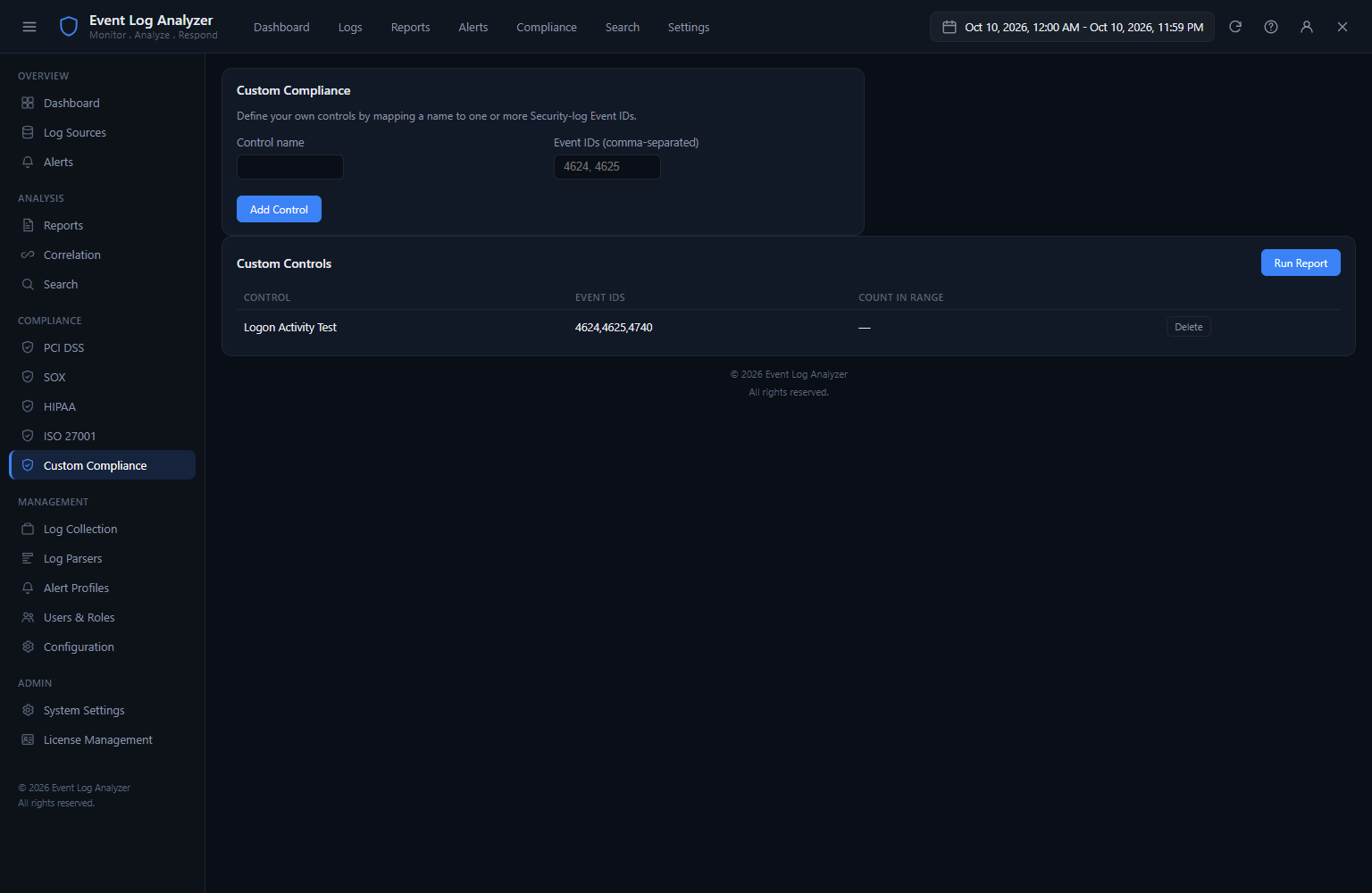 Event Log Analyzer Compliance section showing the full framework summary with status across multiple regulatory standards