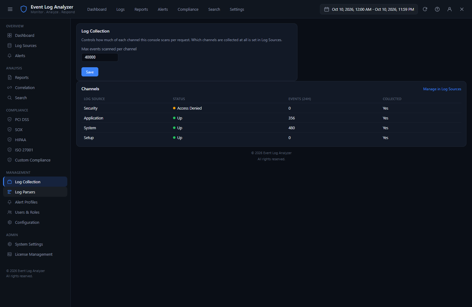 Event Log Analyzer Log Collection settings showing four event channels: Security, Application, System and Setup, each with their current log count, collection status and configuration options