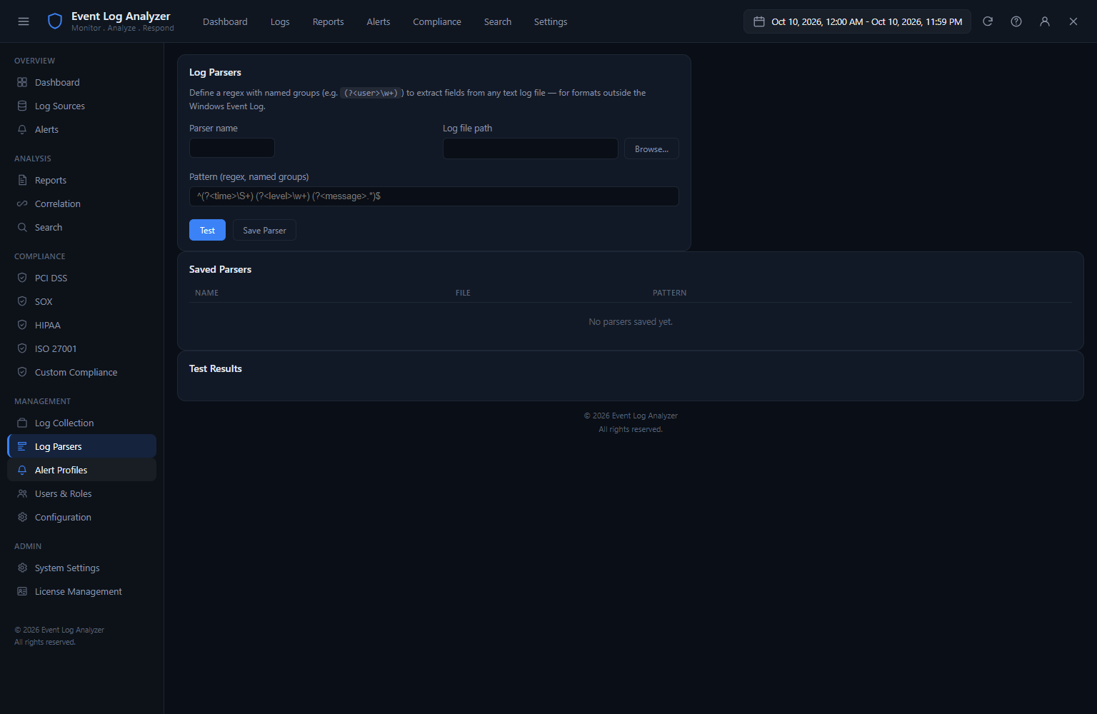 Event Log Analyzer Alert Configuration showing alert rule list with trigger conditions based on event ID, threshold counts and notification settings
