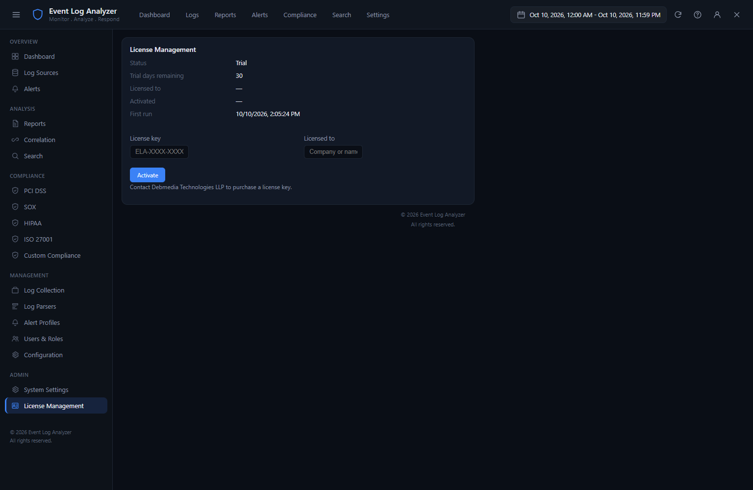 Event Log Analyzer Log Export screen showing export options for CSV, JSON and EVTX formats with date range and channel selection