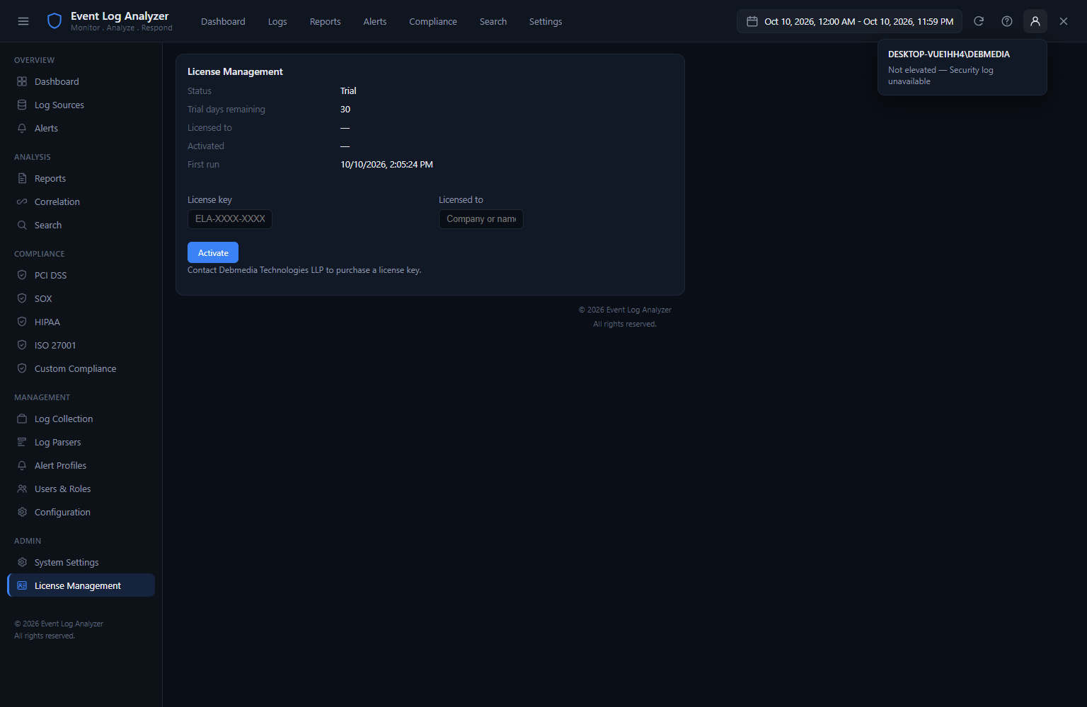 Event Log Analyzer System Information panel showing Windows version, domain membership, currently monitored machine details and log collection status summary