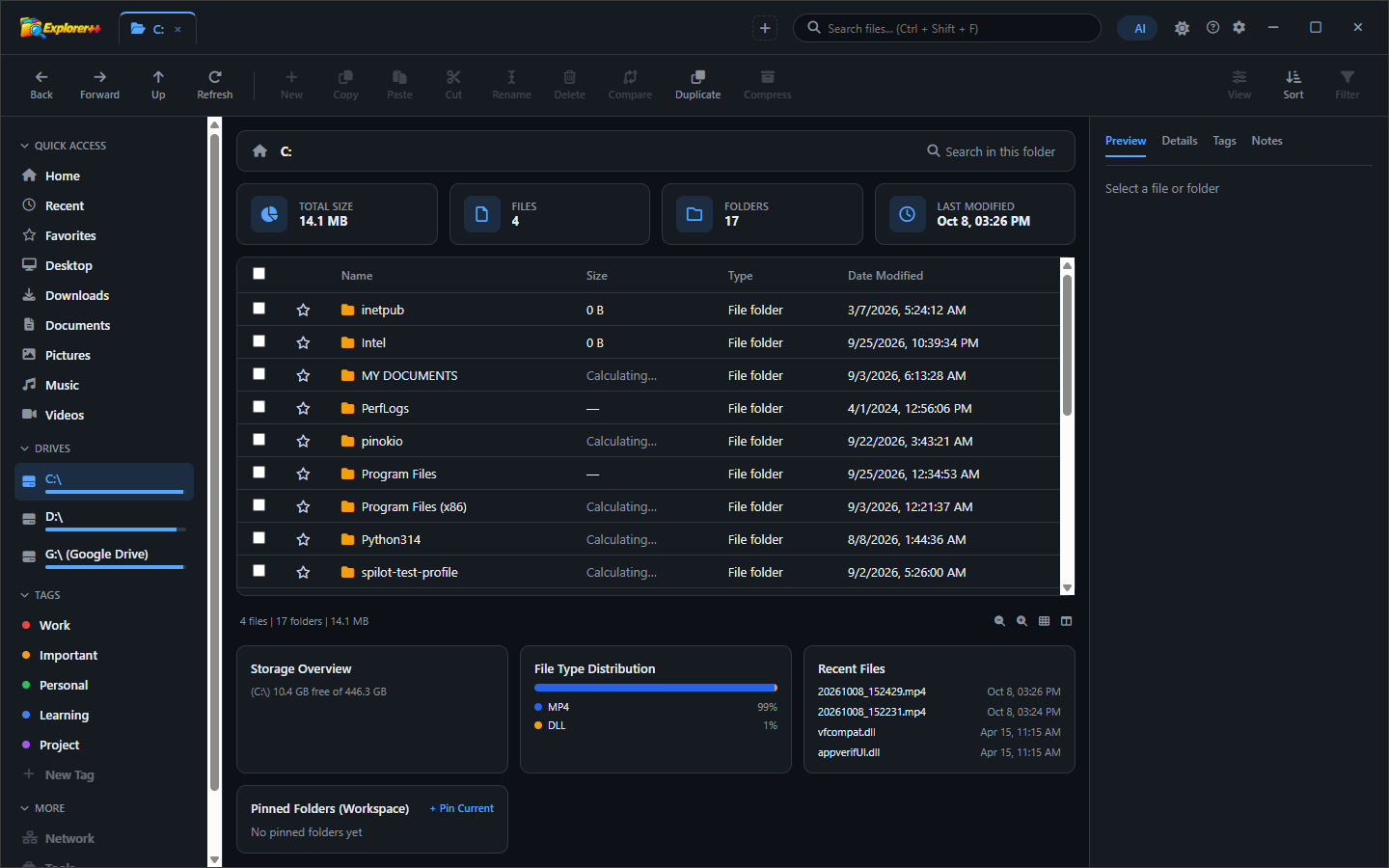 Explorer++ showing the folder size calculation running, with a progress indicator as the total sizes of subdirectories are computed and populated in the size column
