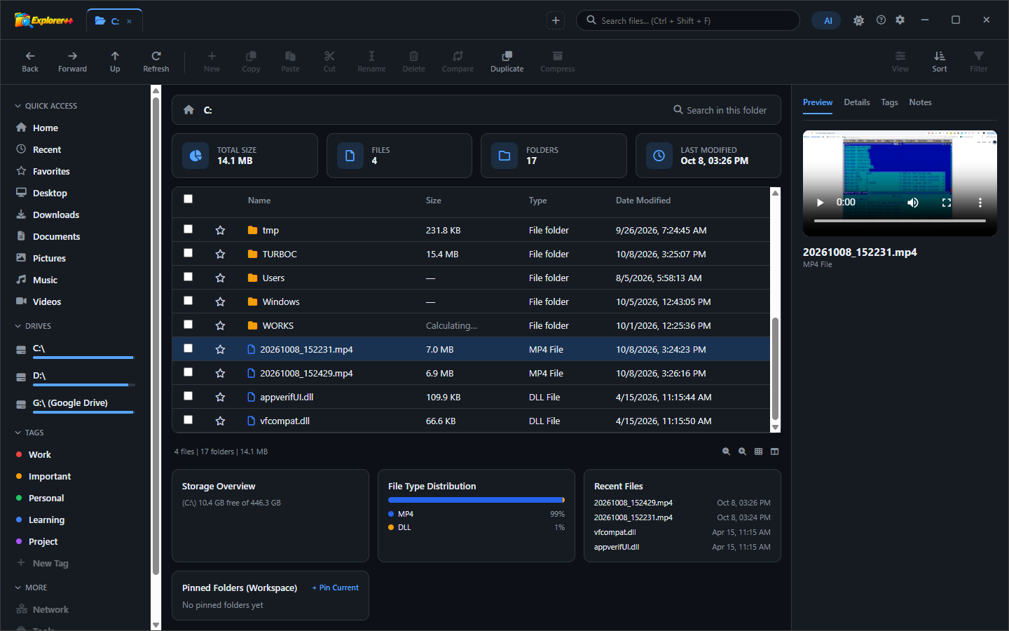 Explorer++ main file browser showing the dual-pane layout with files and folders listed in a tabbed interface with standard column headers