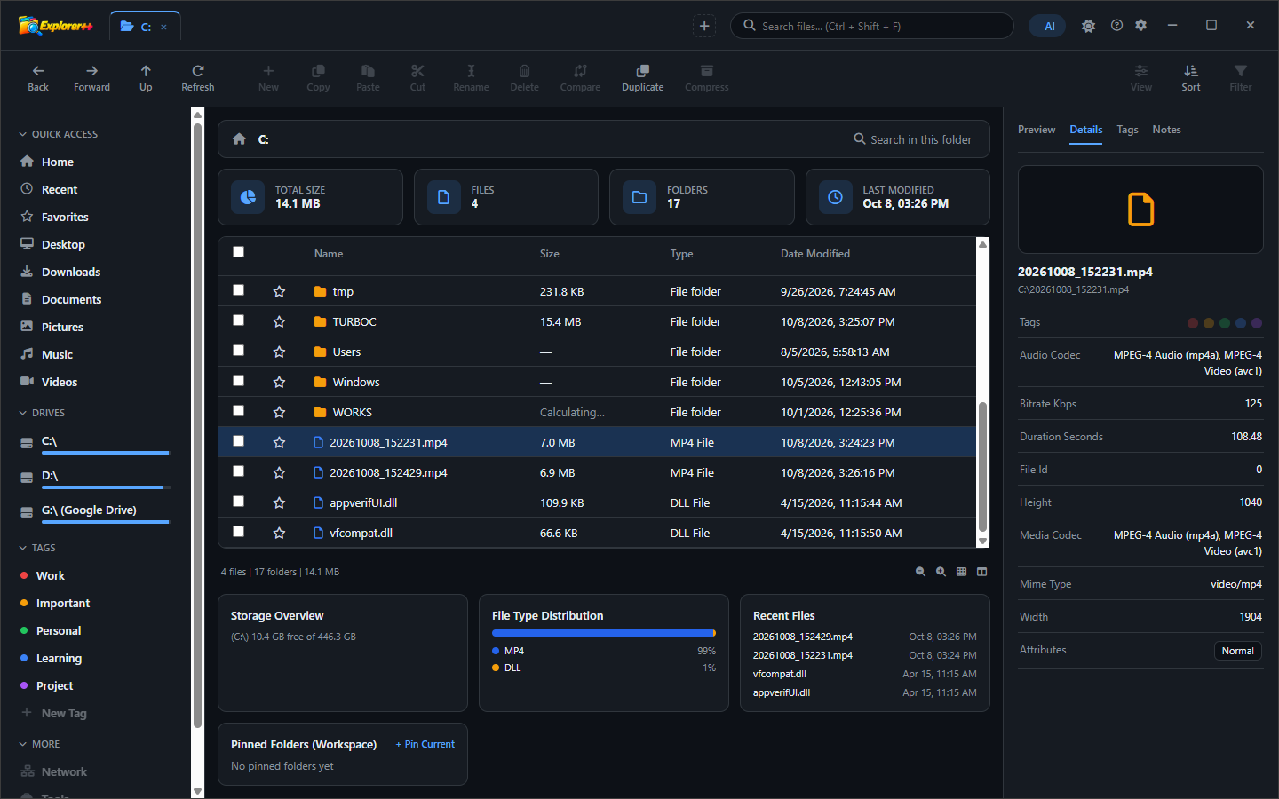 Explorer++ showing a different view configuration in the file browser, demonstrating the customisable column and layout options