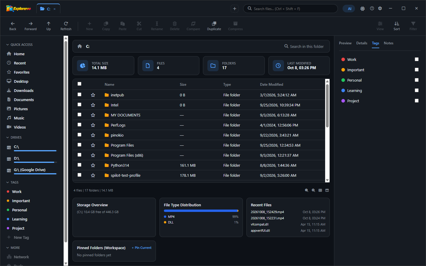 Explorer++ during a file operation showing the file list with multiple items selected and the context menu or toolbar options available for moving, copying and renaming