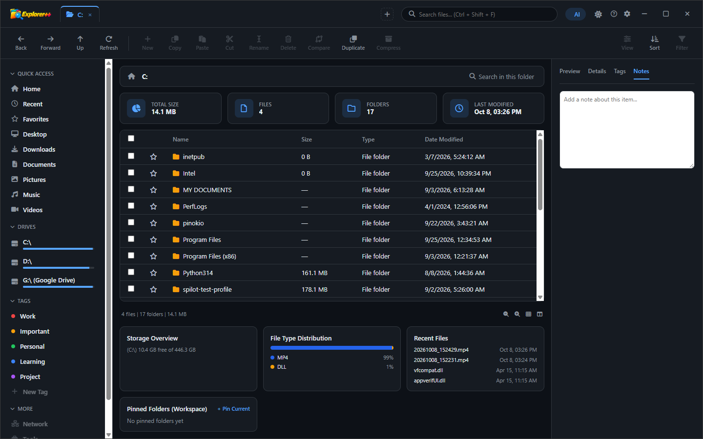 Explorer++ showing another layout configuration or different directory view demonstrating the browser's flexibility across different folder types