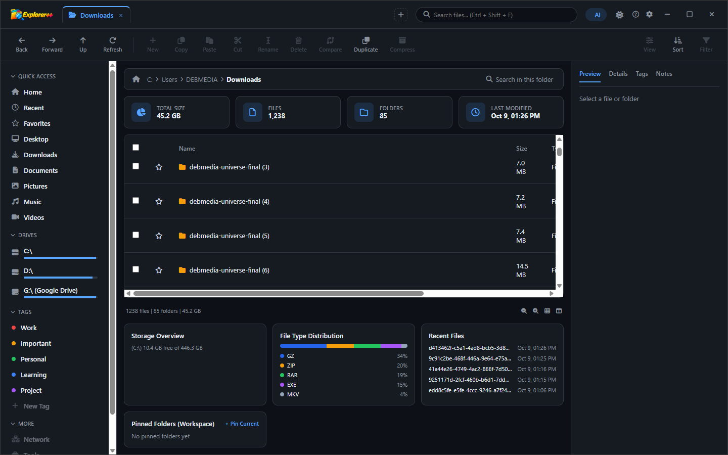 Explorer++ file browser with folder sizes calculated and displayed in the Size column alongside file sizes, making it immediately clear which directories are consuming disk space
