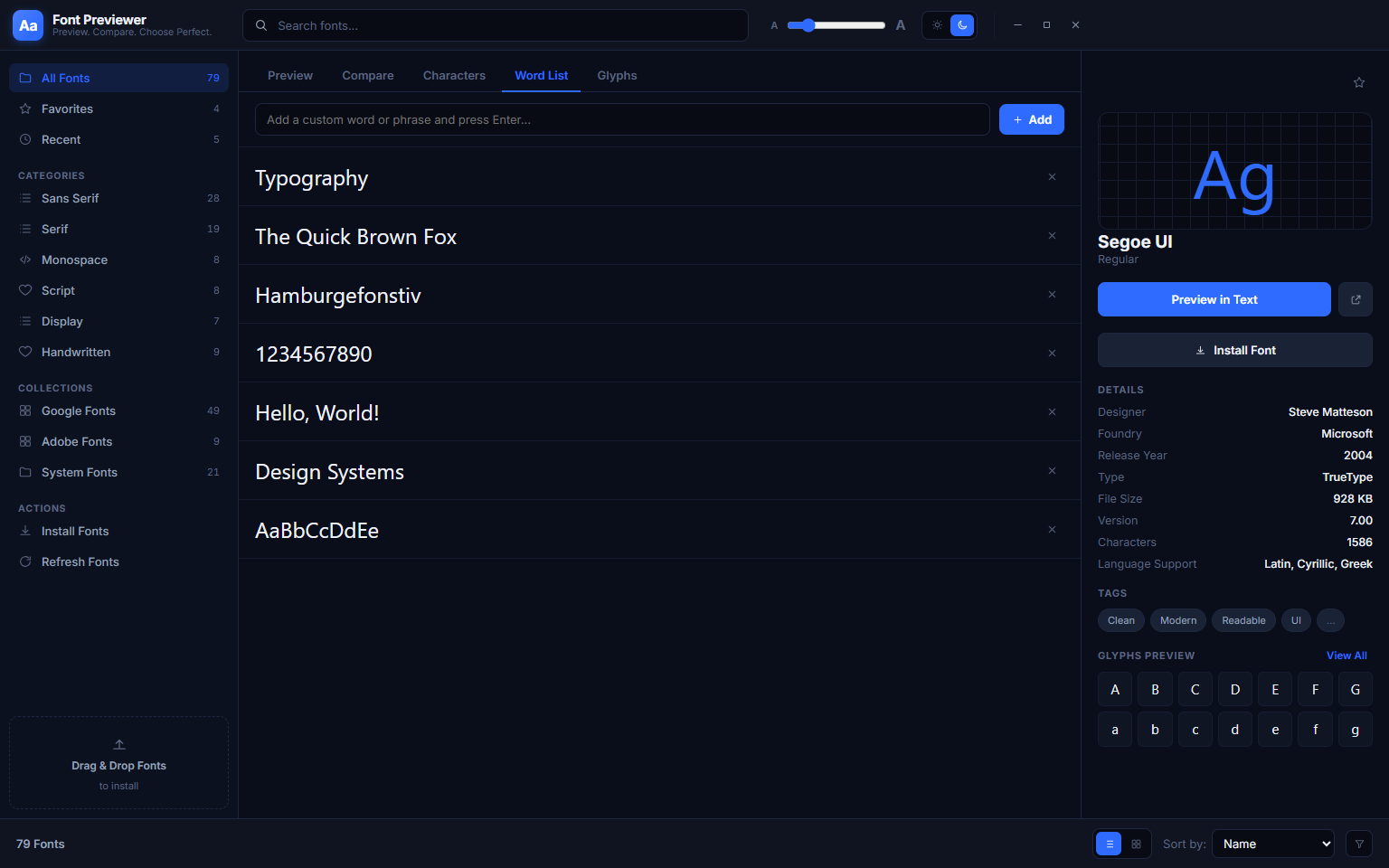 Font Previewer++ Word List tab with the same font rendering all test strings, showing consistent letterform treatment across different text lengths