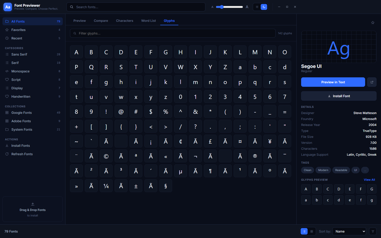 Font Previewer++ Glyphs tab showing the complete Unicode glyph grid for the selected font — Latin alphabet, extended Latin, currency symbols, operators and special characters all visible in a dense grid