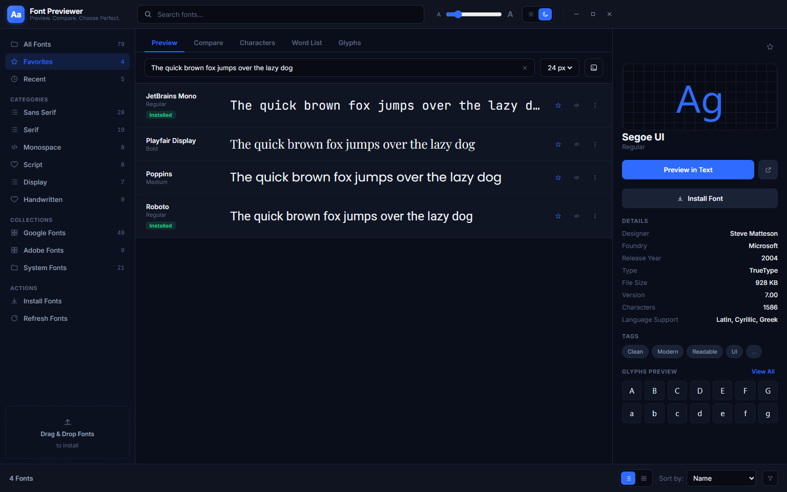 Font Previewer++ Favourites section in the sidebar showing four starred fonts — JetBrains Mono, Paytone Display, Poppins and Roboto — in the preview list