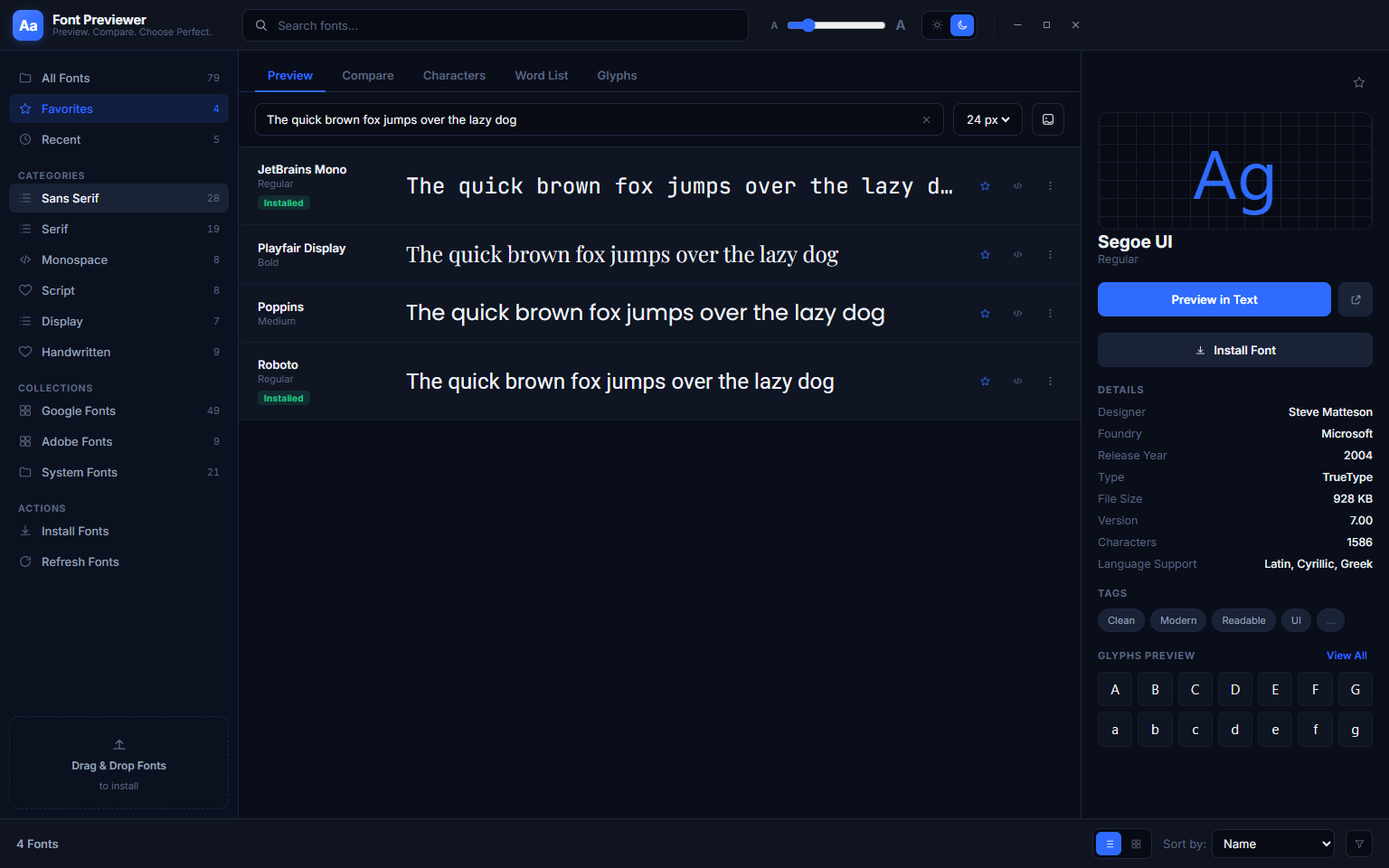 Font Previewer++ Favourites with the Preview tab active, showing the starred fonts with the full preview panel and font detail panel visible