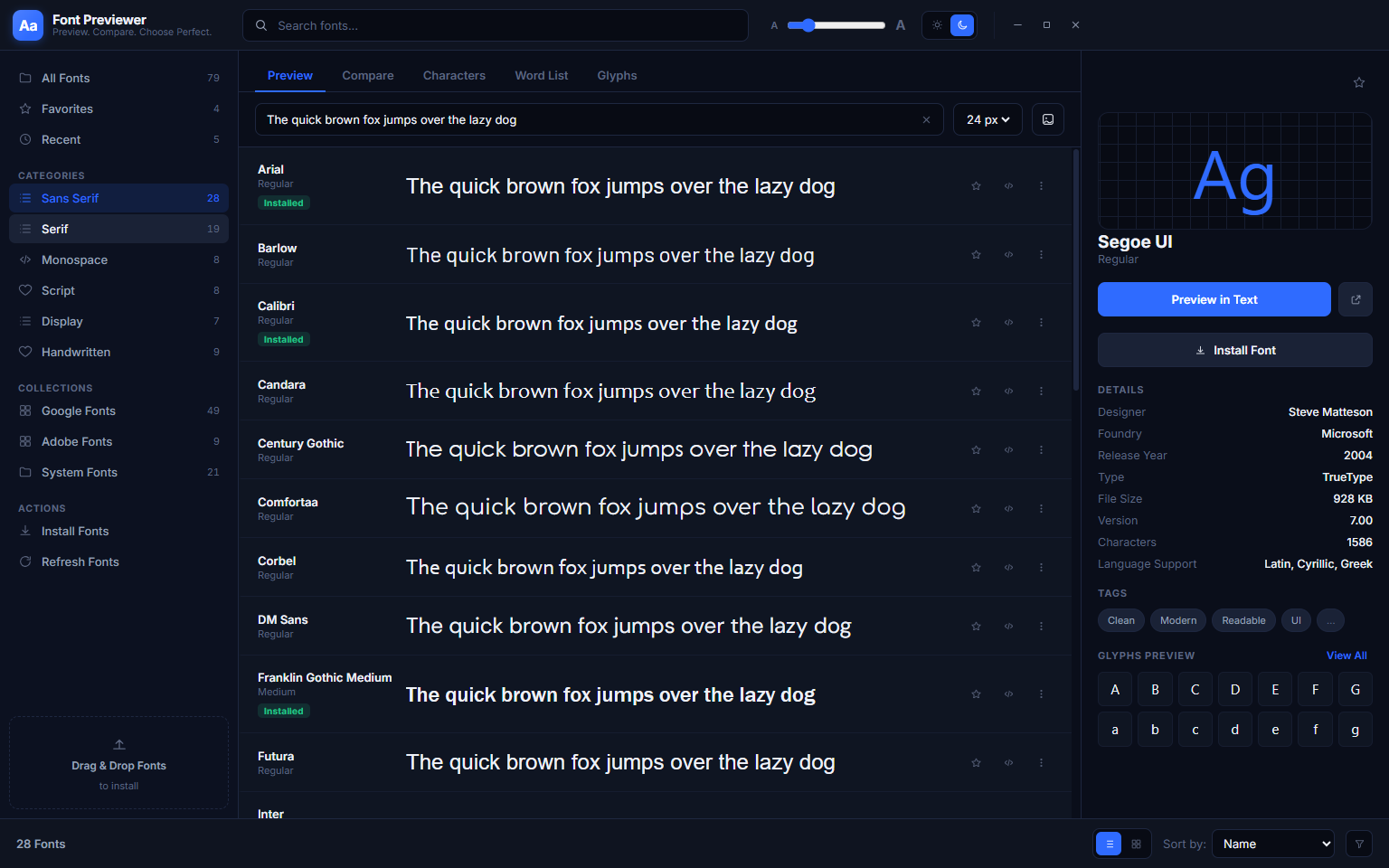 Font Previewer++ with Sans-Serif selected in the left sidebar, gallery filtered to show only sans-serif typefaces including Arial, Calibri, Comic Sans MS, Comfortaa, Constantia, Corbel and more