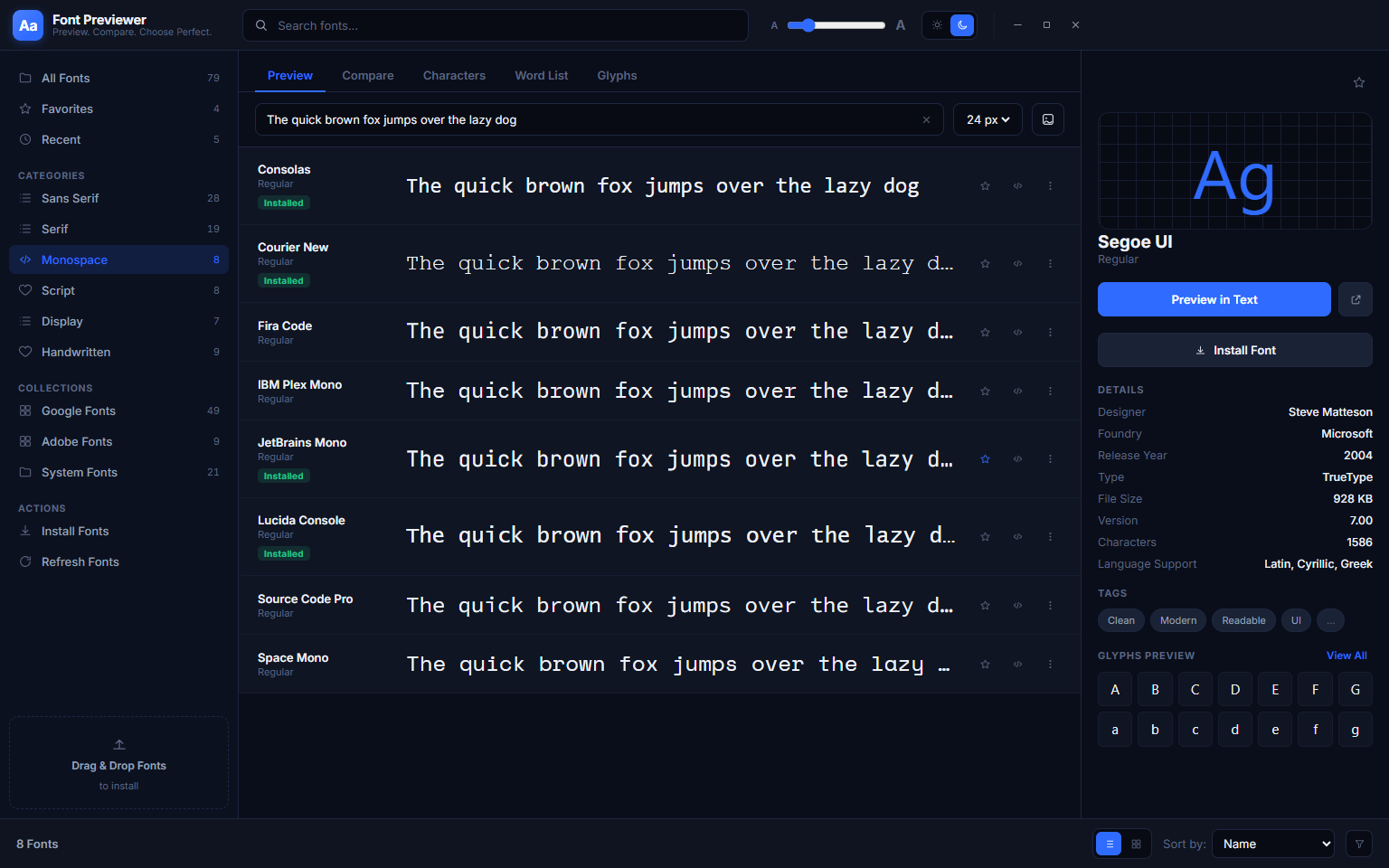 Font Previewer++ with Monospace selected, showing fixed-width code fonts — Consolas, Courier New, Fira Code, IBM Plex Mono, JetBrains Mono, Lucida Console, Source Code Pro and Space Mono