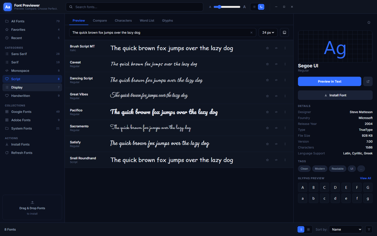 Font Previewer++ Script category showing cursive and calligraphic fonts — Brush Script MT, Caveat, Dancing Script, Great Vibes and others, each rendering the preview text in its flowing style