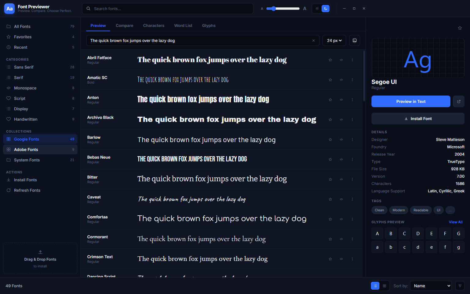 Font Previewer++ showing an Adobe Fonts custom folder added as a source — fonts like Abril Fatface and Optima from the folder appear alongside installed system fonts in the gallery