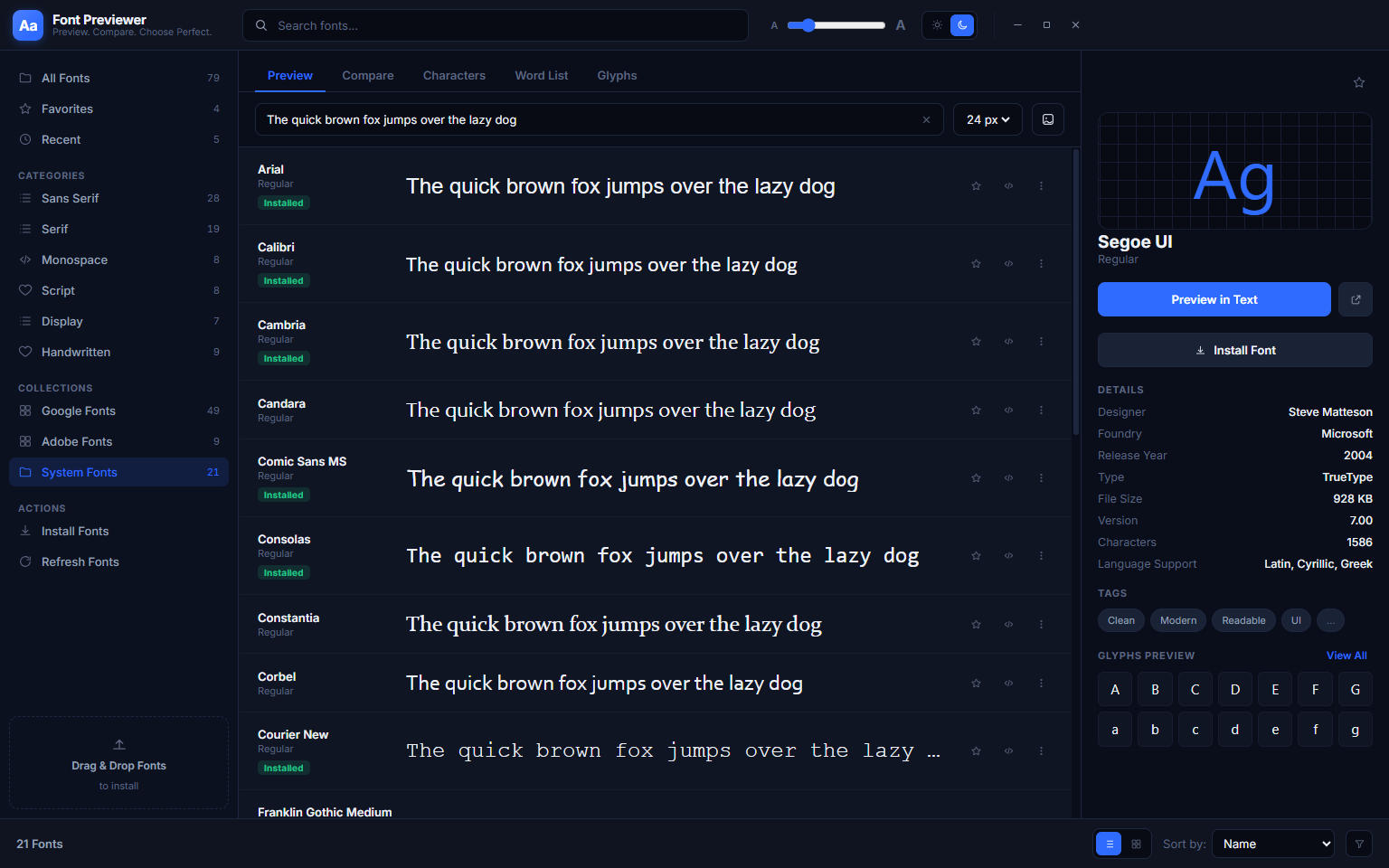 Font Previewer++ System Fonts collection showing only the fonts installed directly into Windows — Arial, Calibri, Cambria, Constantia, Corbel, Courier New and others