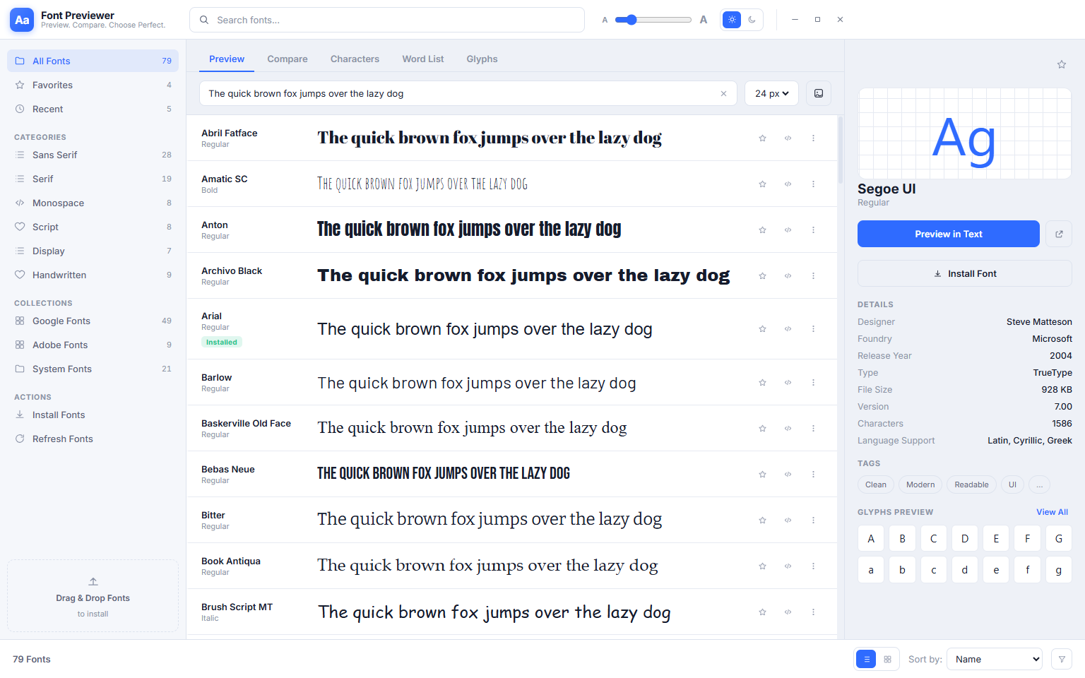 Font Previewer++ full gallery scrolled further, showing many more typefaces all rendering the same preview text