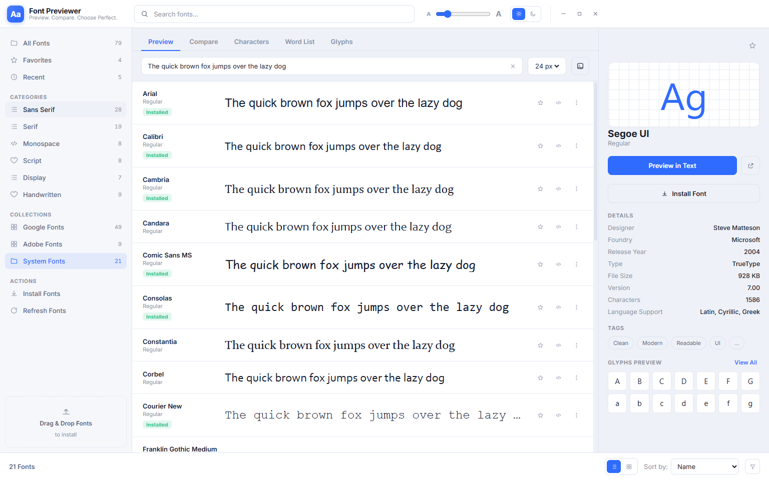Font Previewer++ System Fonts collection with a category filter also active, narrowing the view to only installed system fonts of a specific style