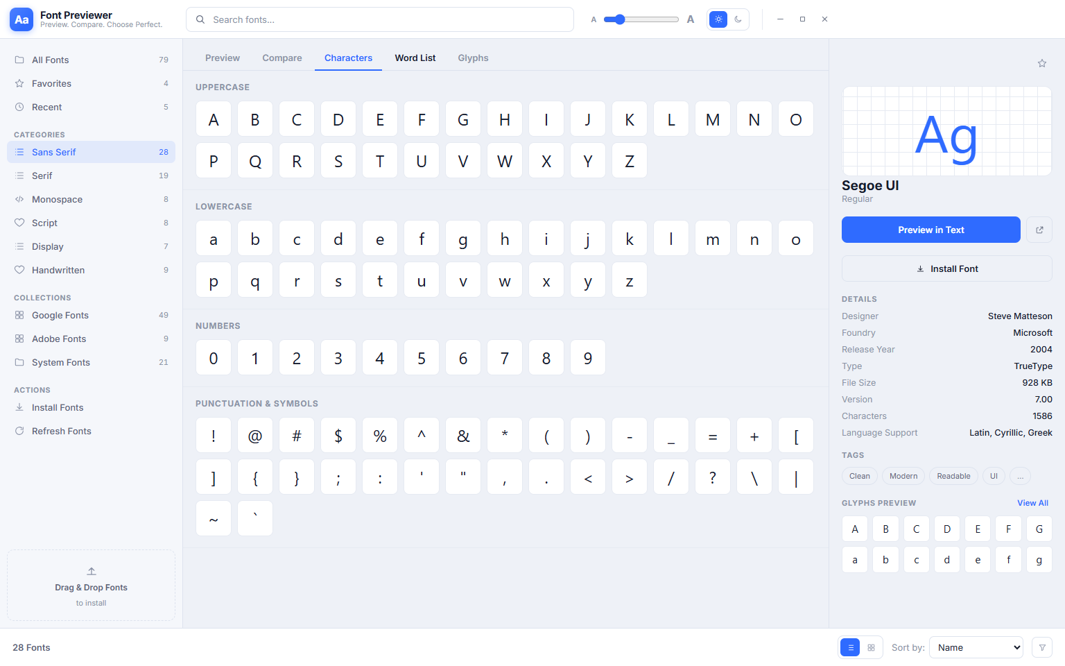 Font Previewer++ in Light Mode — Characters tab showing the full character set of the selected font organised into Uppercase, Lowercase, Numerals and Punctuation sections on a white background