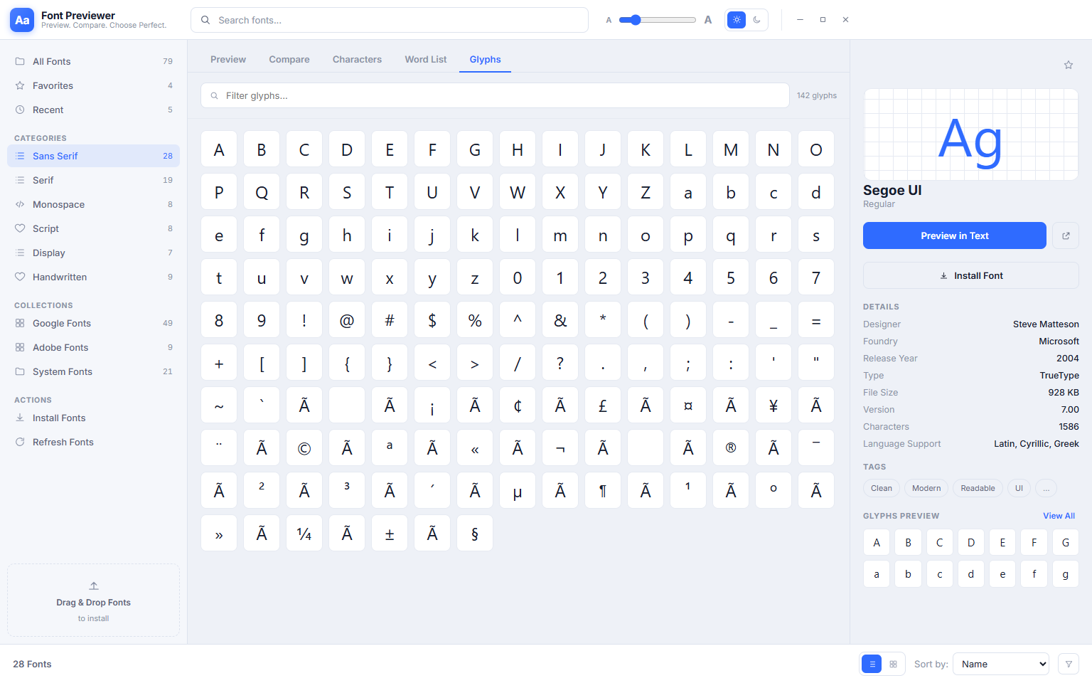 Font Previewer++ Glyphs tab in Light Mode showing the complete Unicode glyph grid on a white background — same full Unicode coverage, same filter and search tools, cleaner look in bright conditions