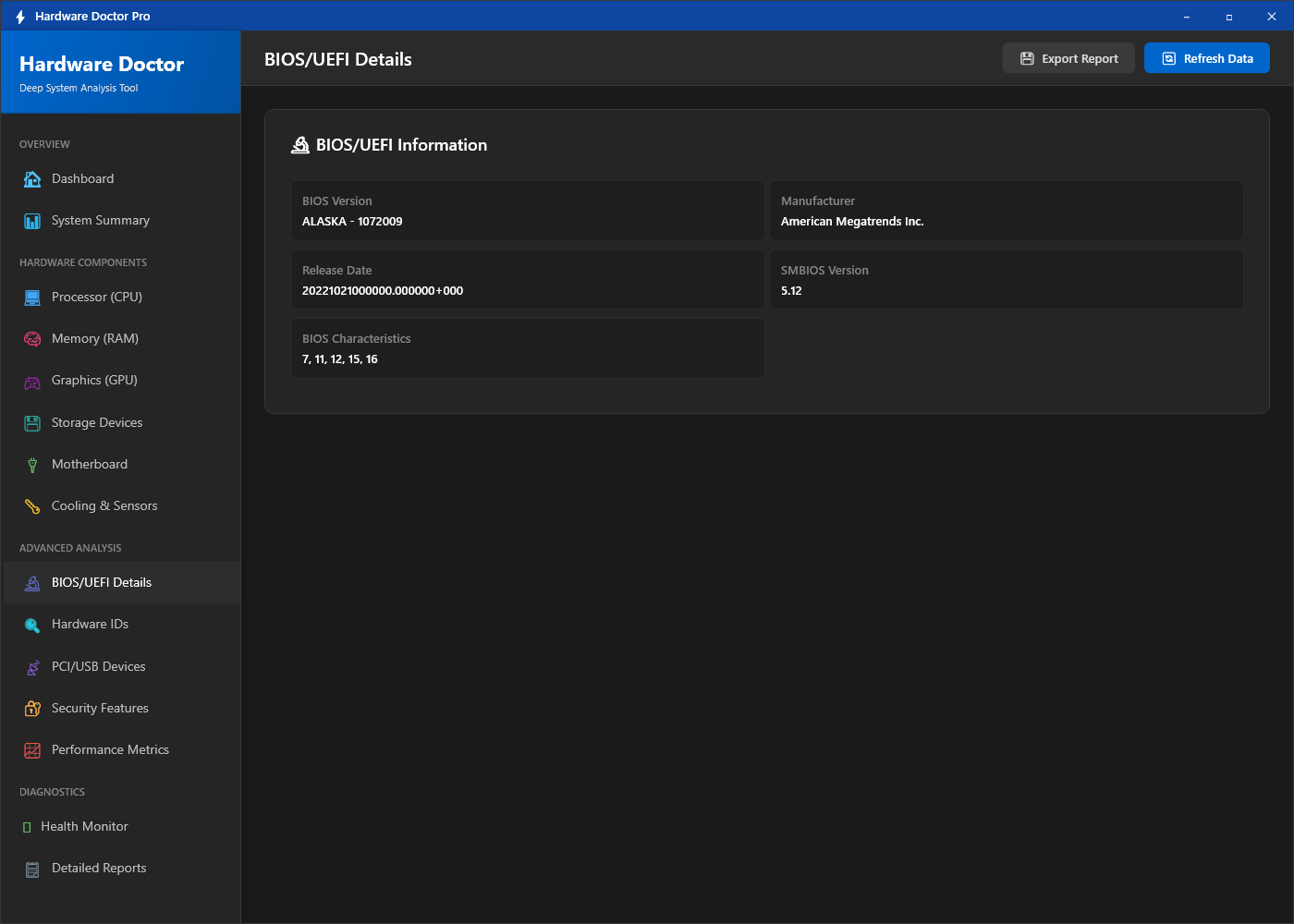 Hardware Doctor BIOS details showing BIOS vendor, current version string, release date, UEFI or Legacy boot mode, and secure boot status