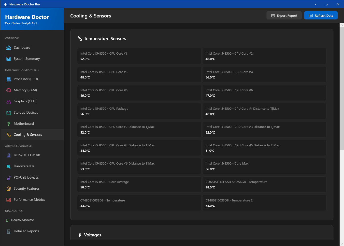 Hardware Doctor cooling and sensors screen showing CPU, GPU and motherboard temperatures alongside fan speeds in RPM for all detected cooling fans