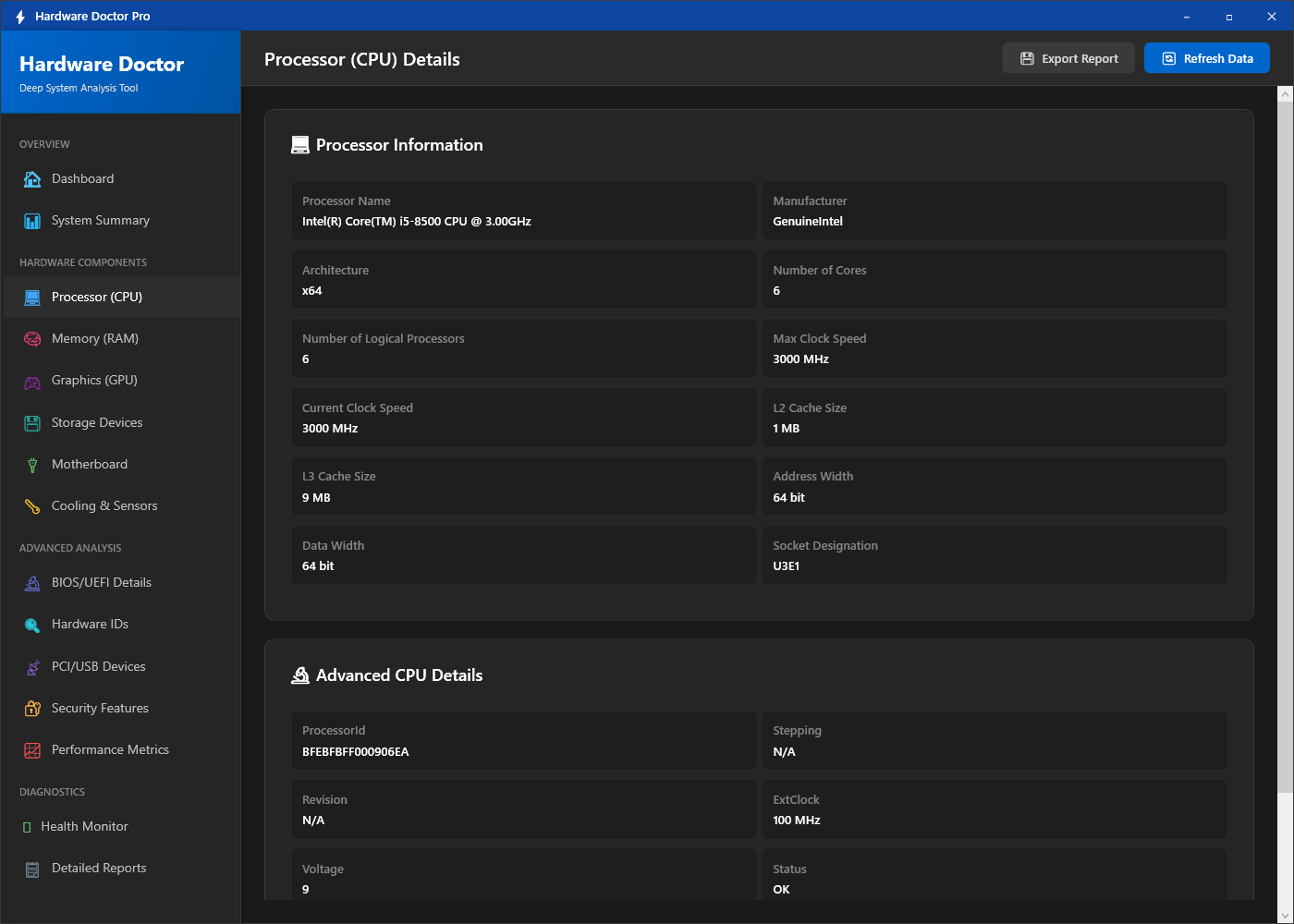 Hardware Doctor CPU details screen showing processor model name, core count, thread count, base and boost clock speeds, architecture, cache sizes and instruction set support