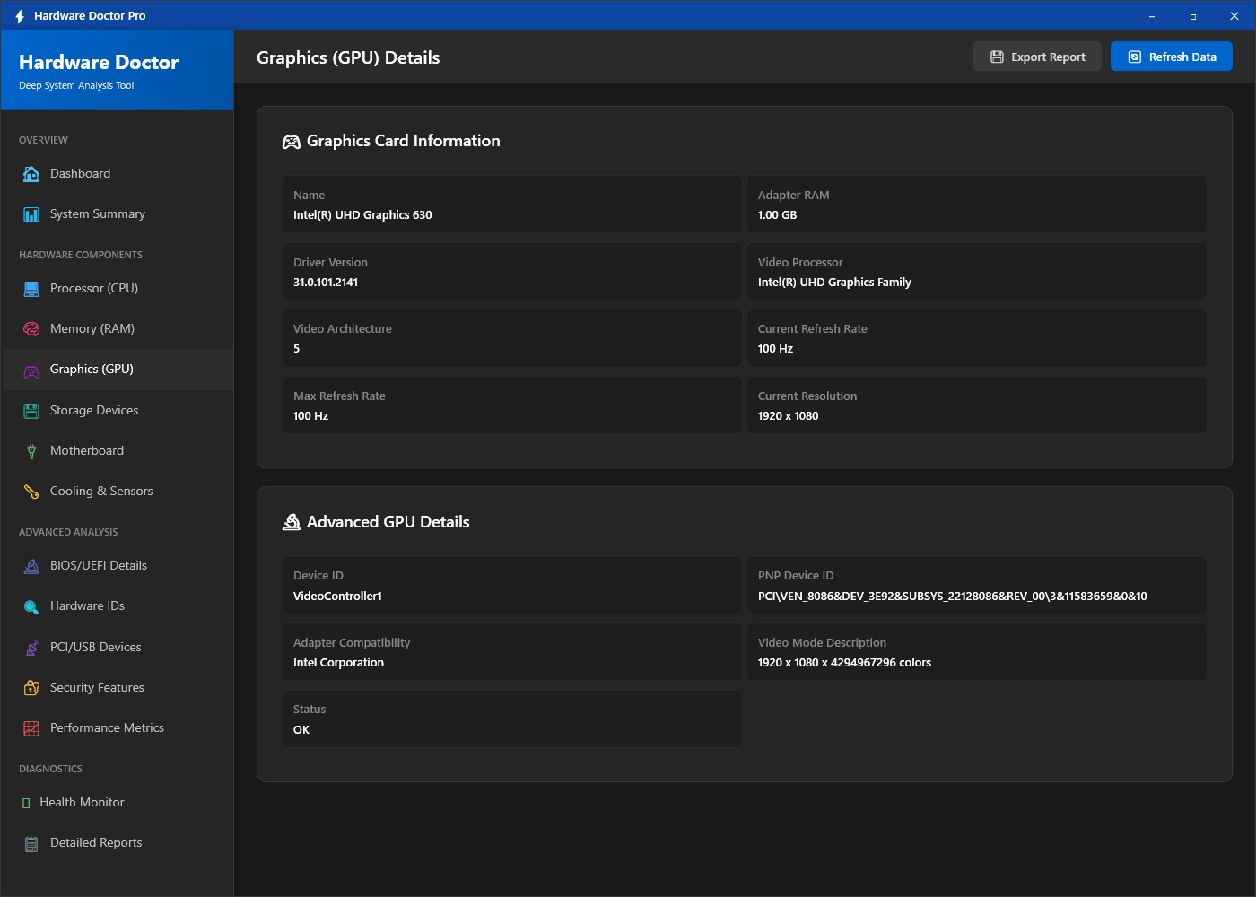 Hardware Doctor GPU details showing graphics card model, dedicated VRAM amount, driver version, current resolution and DirectX support level