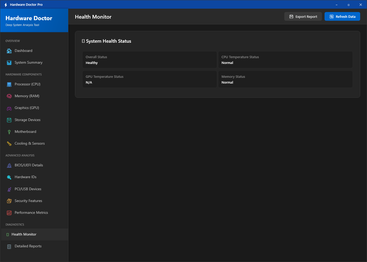 Hardware Doctor health monitor dashboard showing overall system health status with indicators for each hardware component and any detected issues or warnings