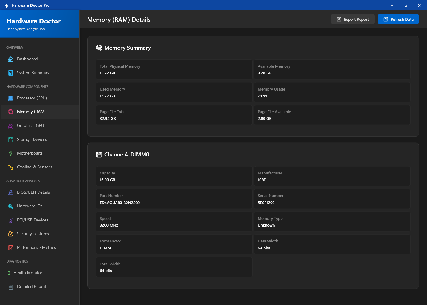 Hardware Doctor memory details showing total installed RAM, used and free amounts, RAM speed in MHz, memory type (DDR4/DDR5), and slot configuration