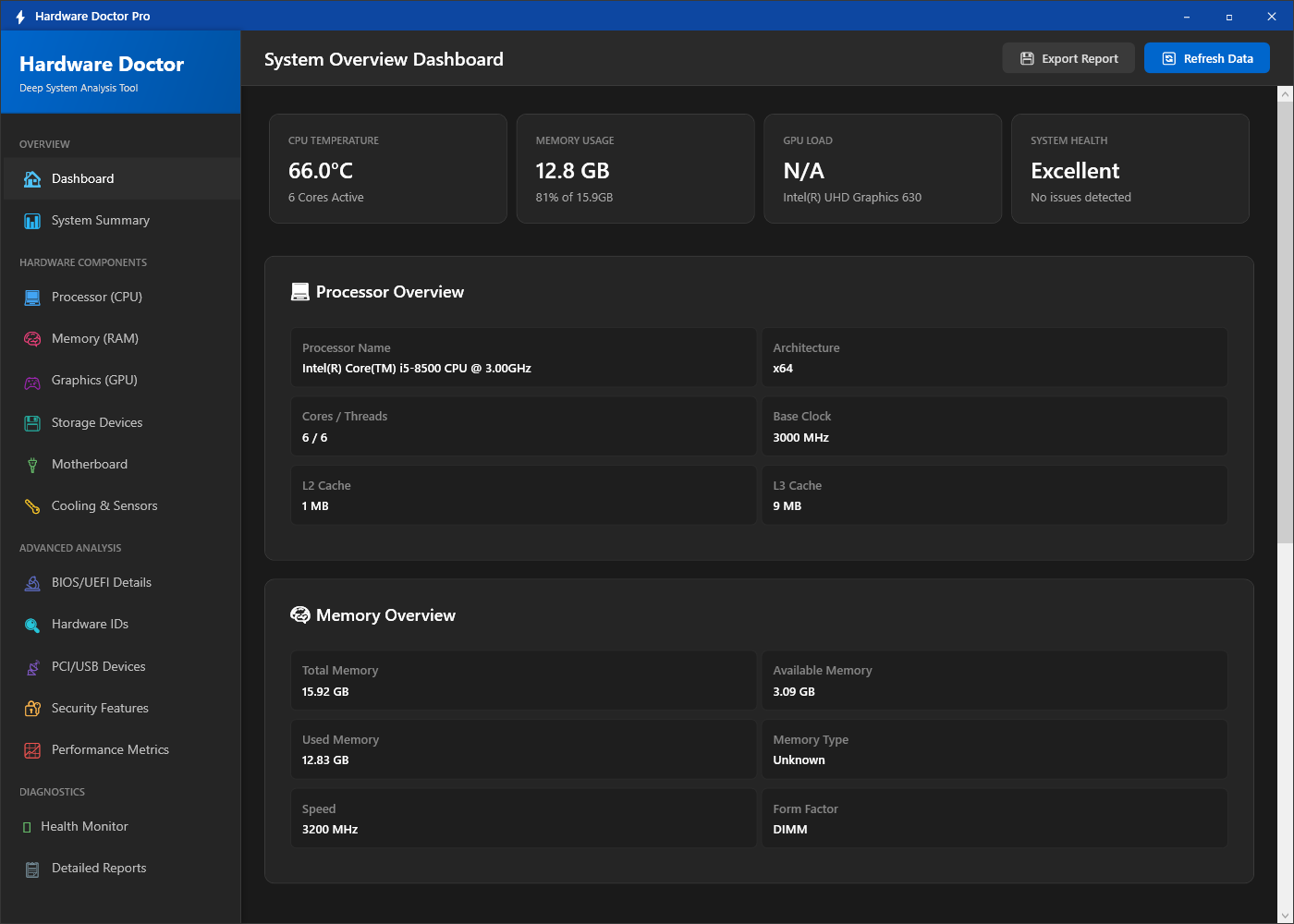 Hardware Doctor main dashboard showing a summary of all major hardware components — CPU, GPU, RAM, storage and motherboard — in a single overview view