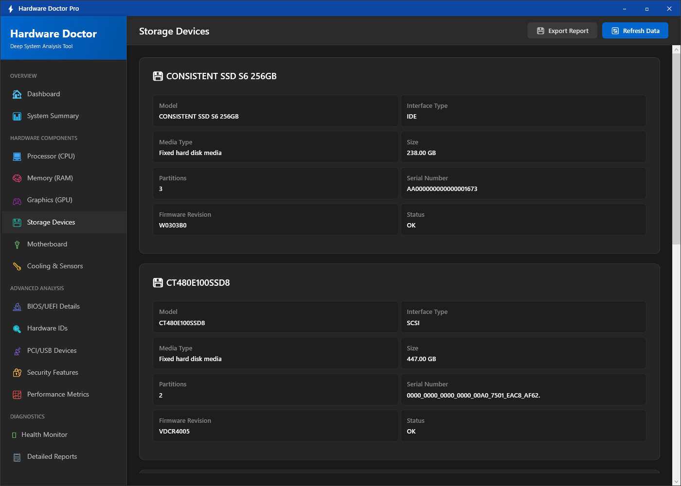 Hardware Doctor storage details showing all connected drives with their model, capacity, interface type, and health status