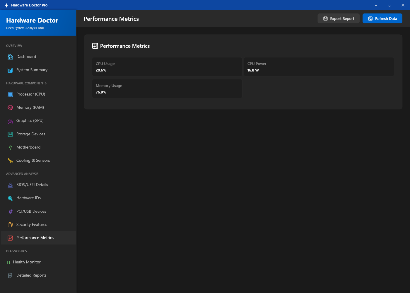 Hardware Doctor real-time usage meters showing live CPU percentage, RAM usage bar, GPU utilisation and disk activity for all monitored components simultaneously