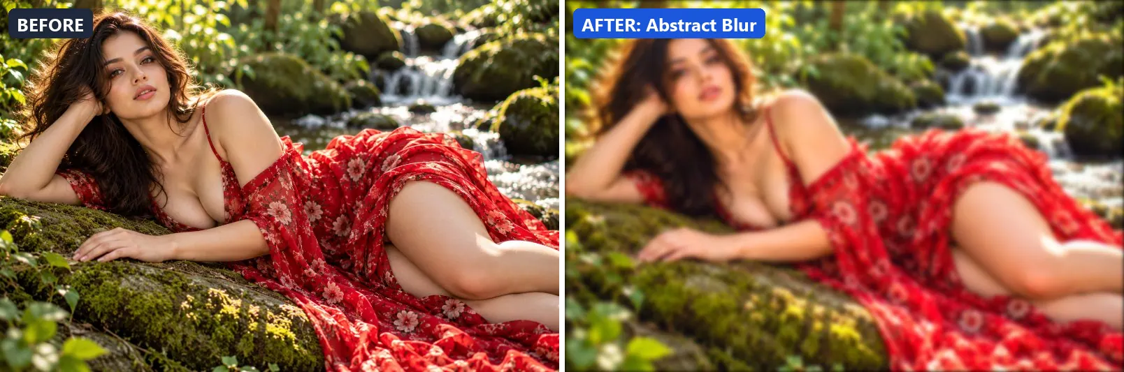 Before and after comparison of the Abstract Blur photo filter (Artistic Styles) on the sample photo