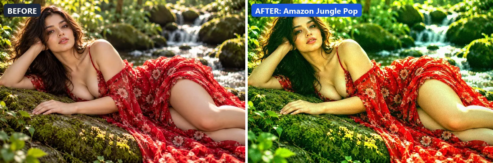 Before and after comparison of the Amazon Jungle Pop photo filter (Cinematic) on the sample photo