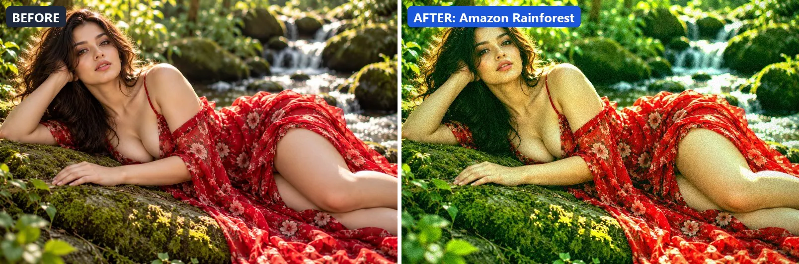 Before and after comparison of the Amazon Rainforest photo filter (Travel Destinations) on the sample photo