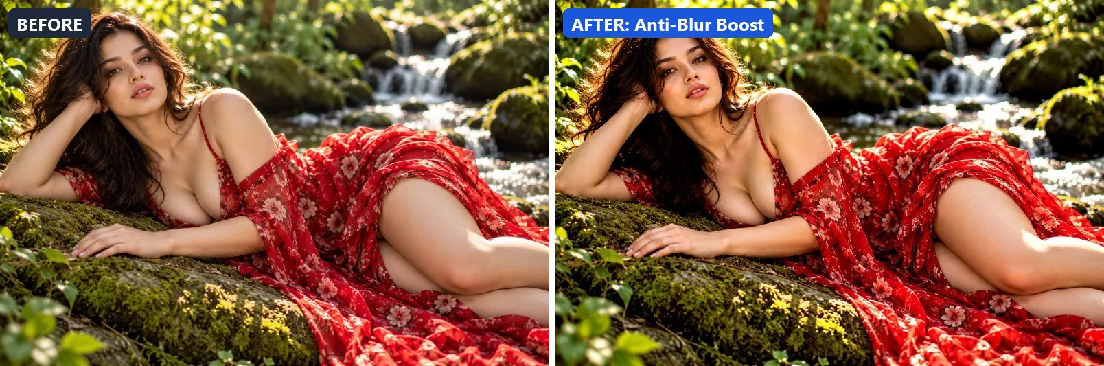 Before and after comparison of the Anti-Blur Boost photo filter (Clarity & Detail) on the sample photo