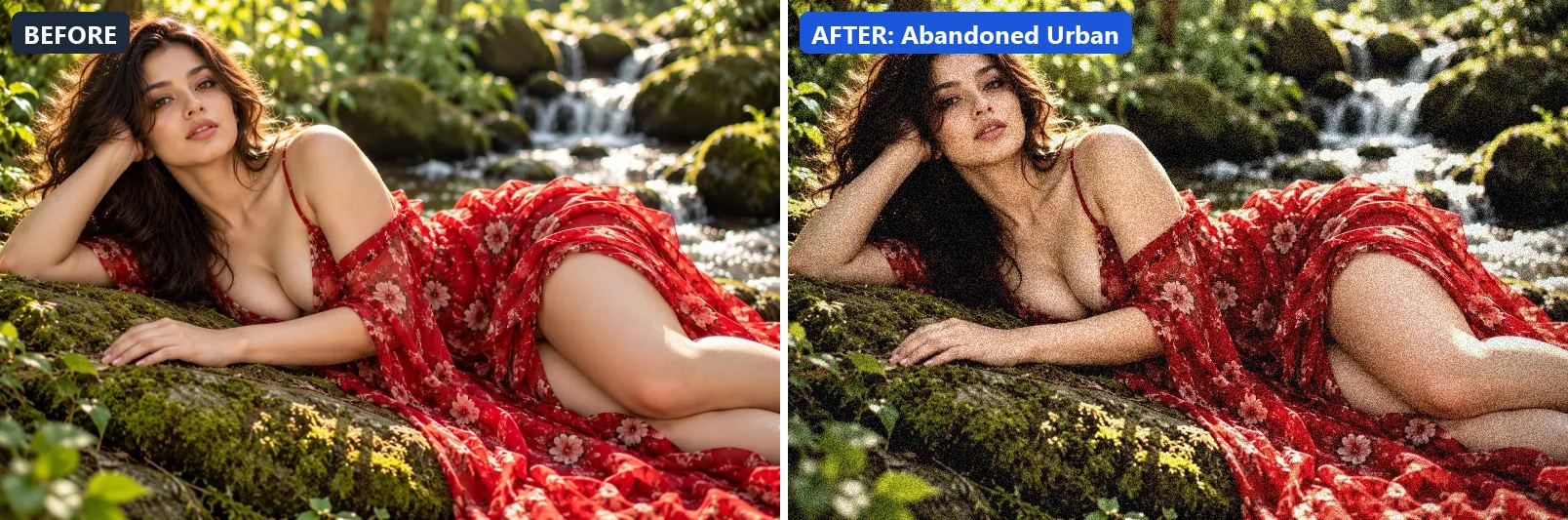 Before and after comparison of the Abandoned Urban photo filter (Architecture & Urban) on the sample photo