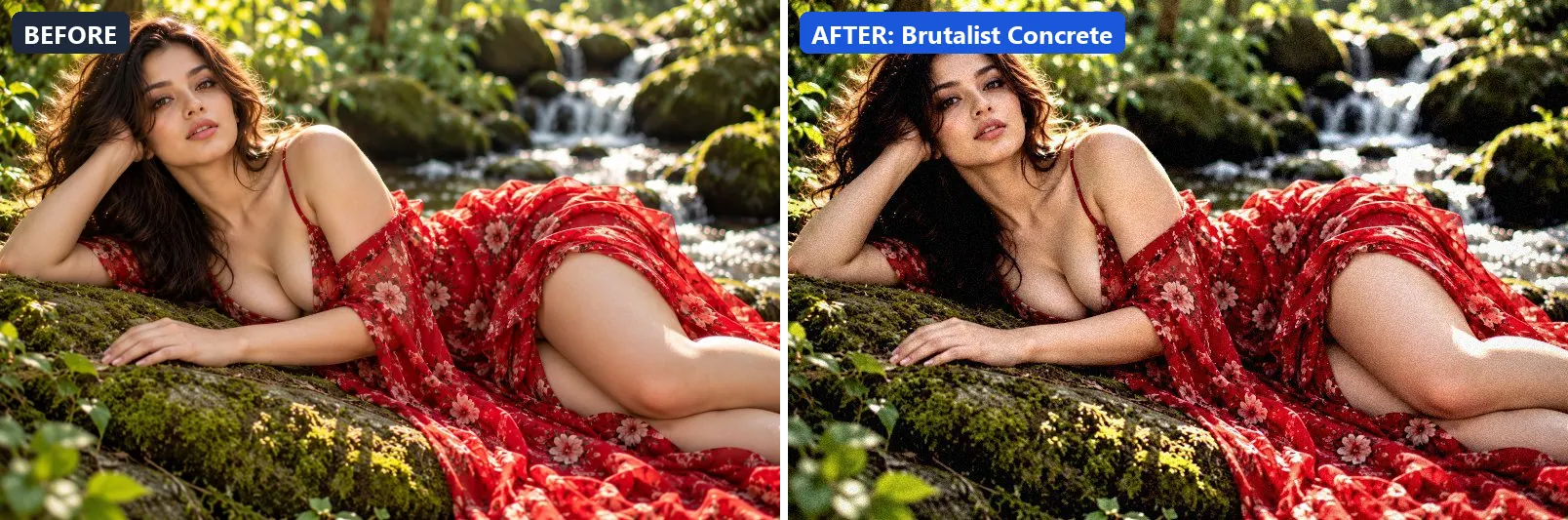 Before and after comparison of the Brutalist Concrete photo filter (Architecture & Urban) on the sample photo