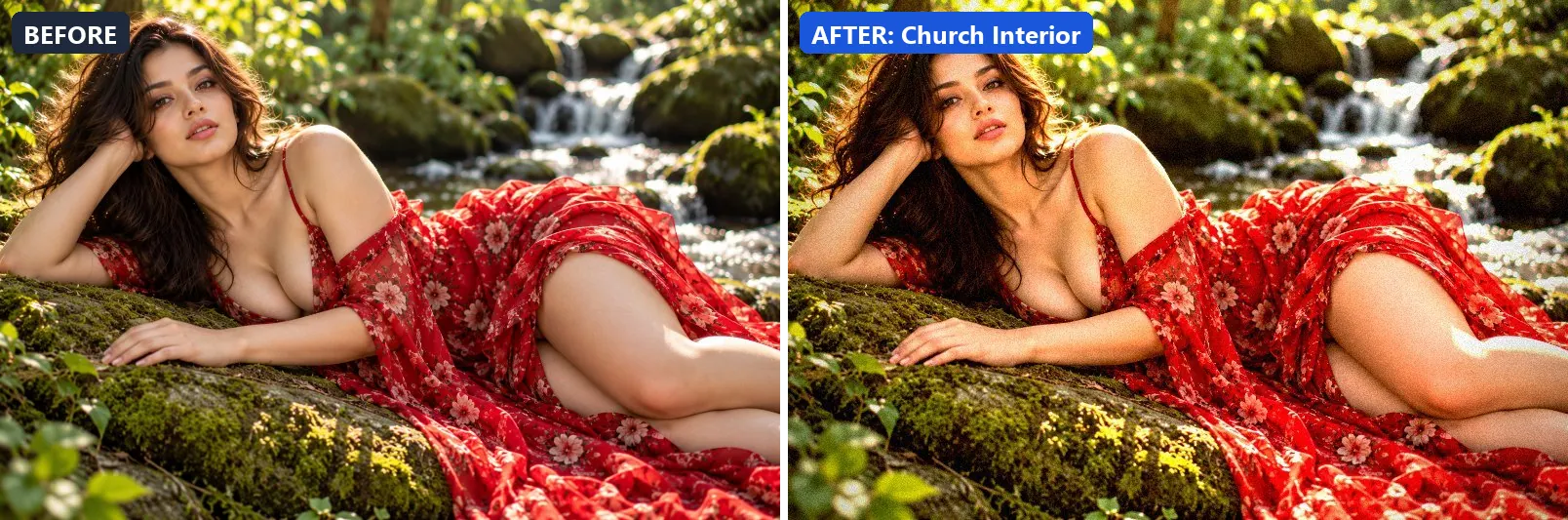 Before and after comparison of the Church Interior photo filter (Architecture & Urban) on the sample photo
