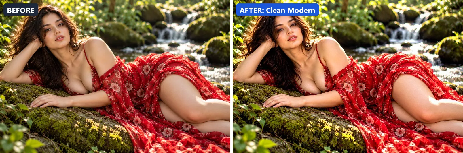 Before and after comparison of the Clean Modern photo filter (Architecture & Urban) on the sample photo