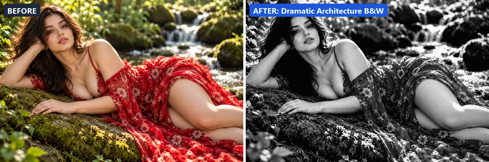 Before and after comparison of the Dramatic Architecture B&W photo filter (Architecture & Urban) on the sample photo