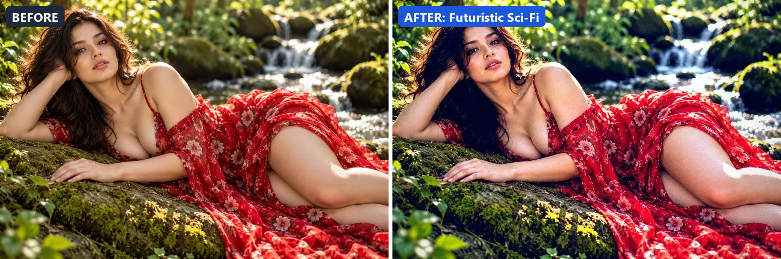 Before and after comparison of the Futuristic Sci-Fi photo filter (Architecture & Urban) on the sample photo