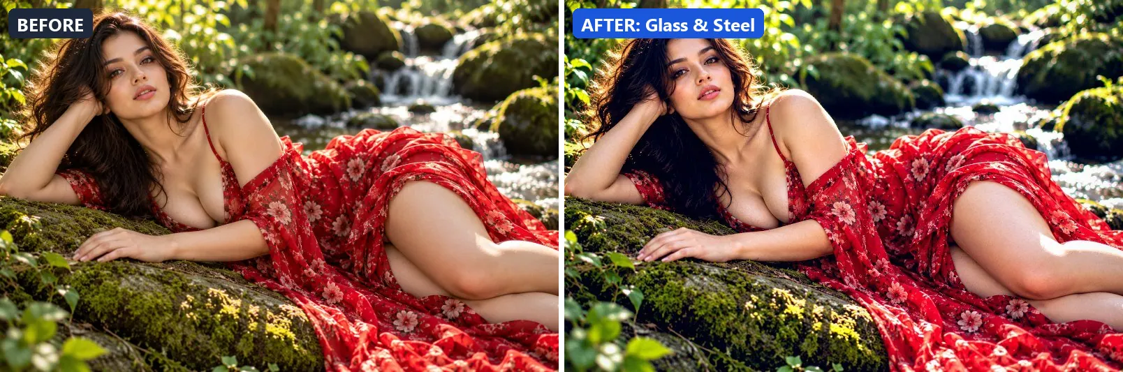 Before and after comparison of the Glass & Steel photo filter (Architecture & Urban) on the sample photo