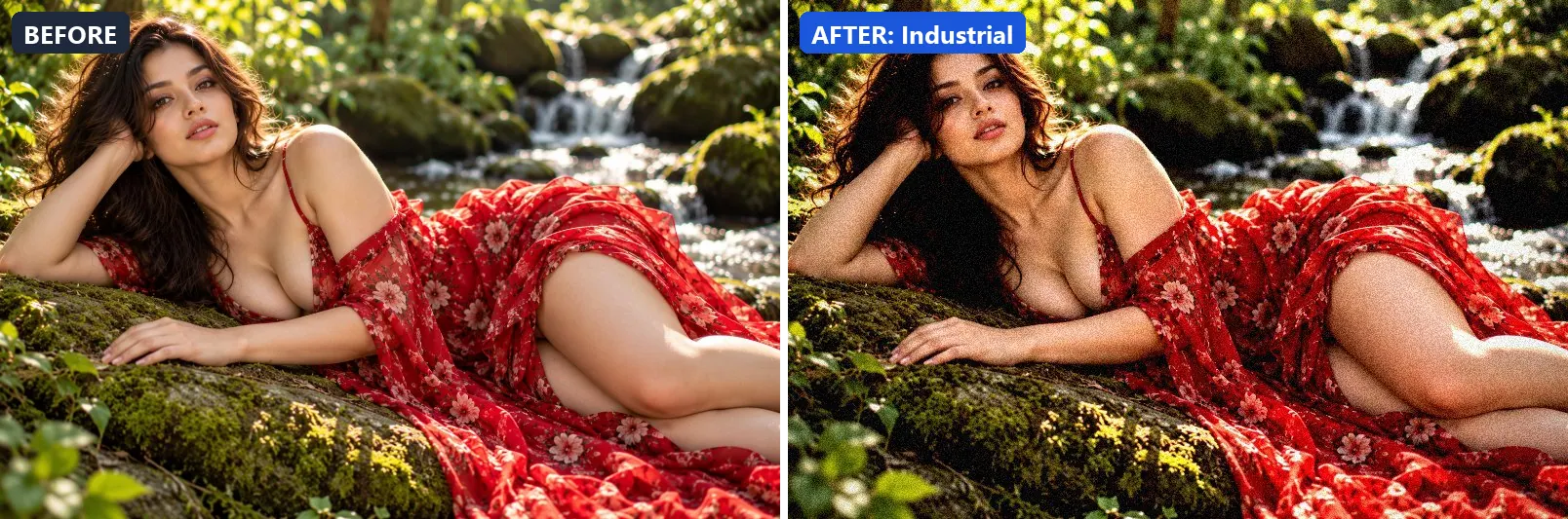 Before and after comparison of the Industrial photo filter (Architecture & Urban) on the sample photo