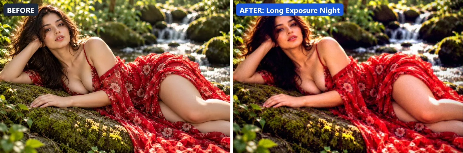 Before and after comparison of the Long Exposure Night photo filter (Architecture & Urban) on the sample photo