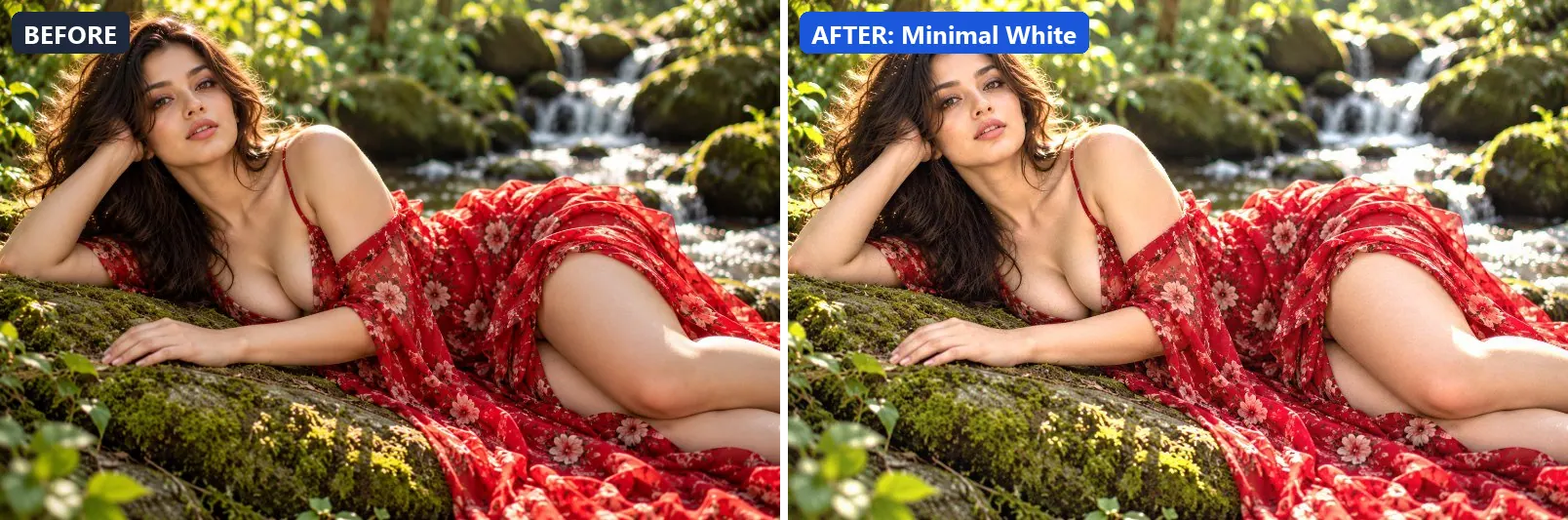 Before and after comparison of the Minimal White photo filter (Architecture & Urban) on the sample photo